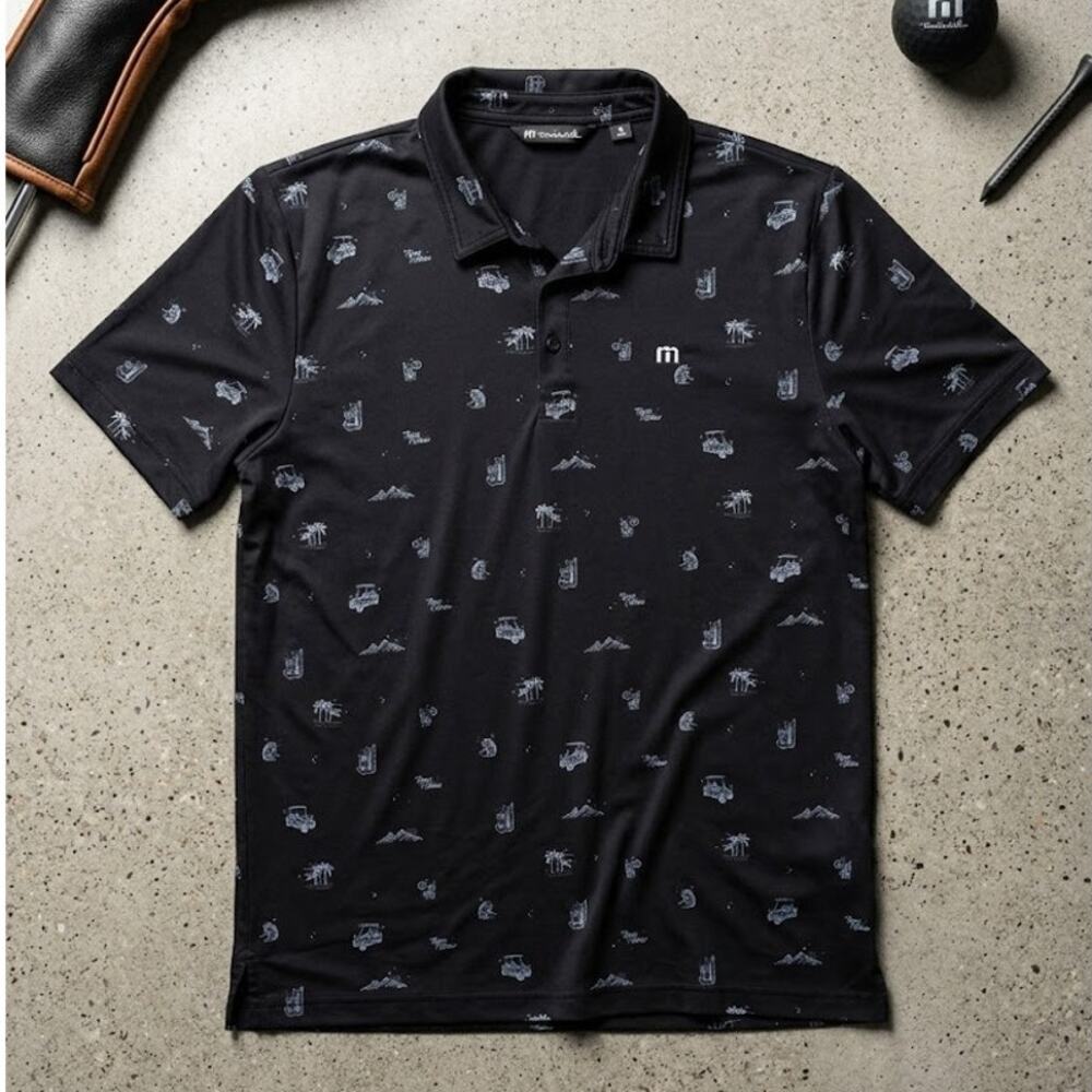 TravisMathew Mens XL Golf Polo Shirt Black Golf Cart Drink Tropical Print
